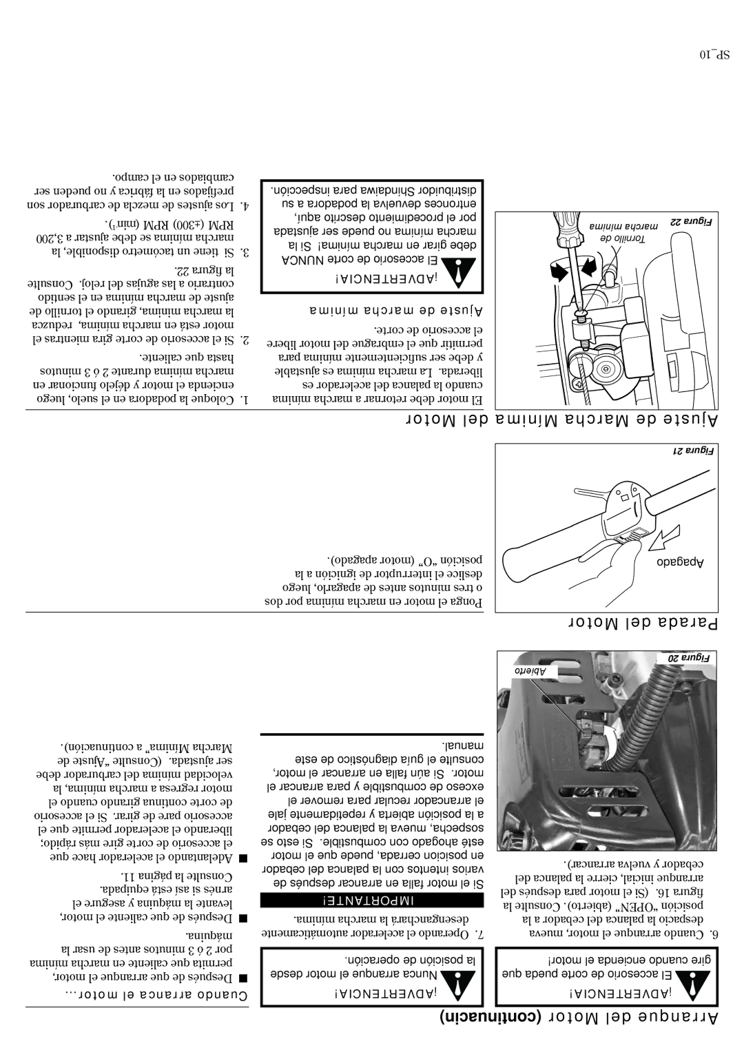 Shindaiwa T2510X, 82014 manual Motor del Mínima Marcha de Ajuste, Motor del Parada, Continuacin Motor del Arranque 