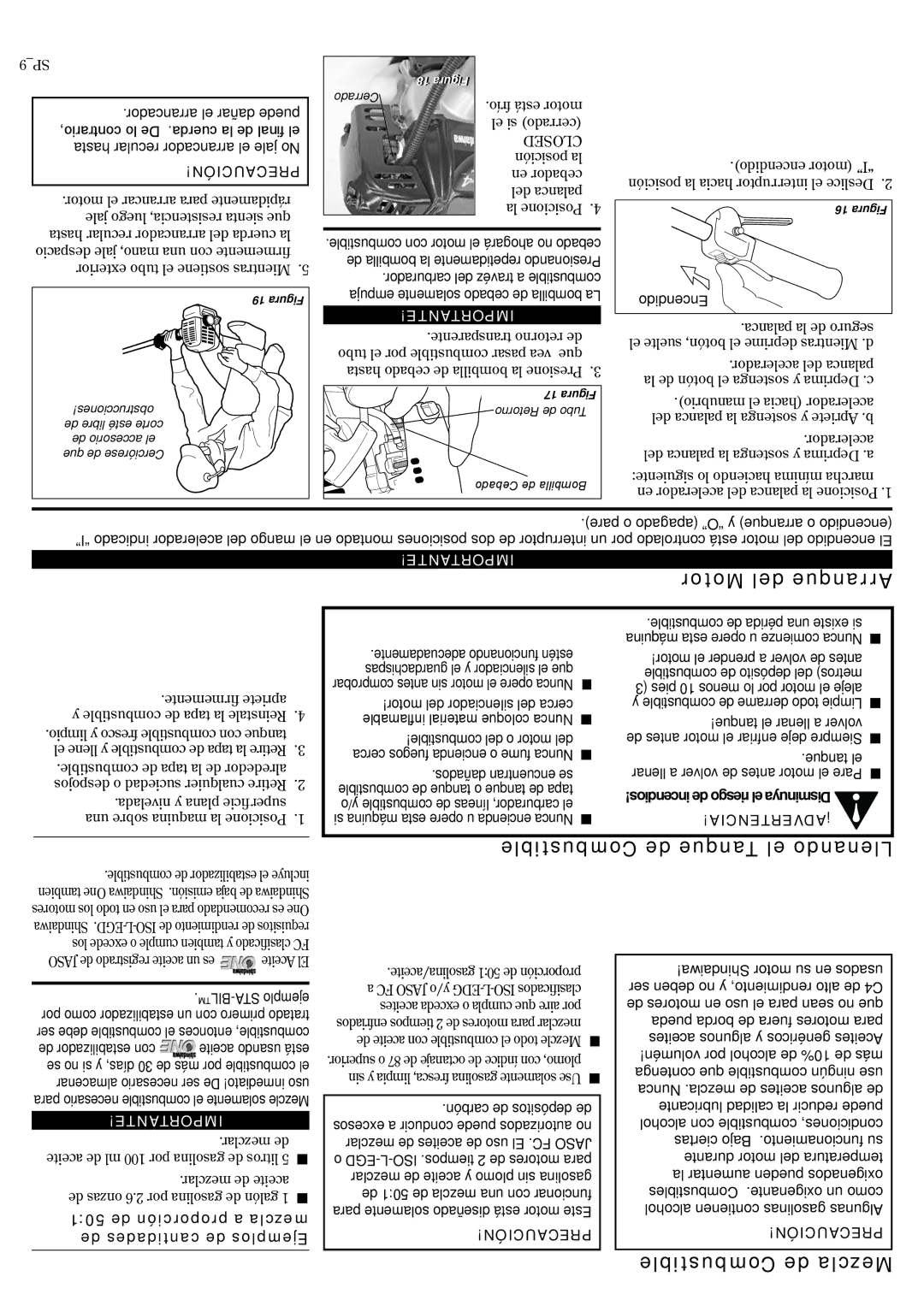 Shindaiwa 82014 manual Motor del Arranque, Combustible de Tanque el Llenando, Combustible de Mezcla, De proporción a mezcla 