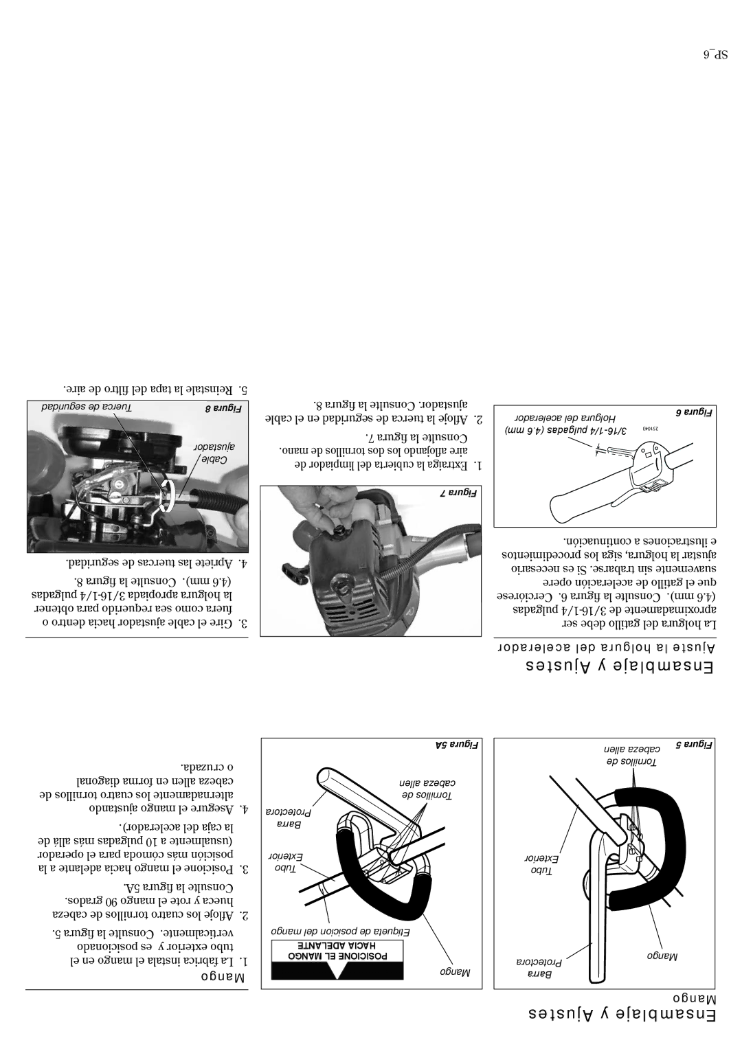 Shindaiwa T2510X, 82014 manual Acelerador del holgura la Ajuste Ajustes y Ensamblaje, Mango, 6SP 