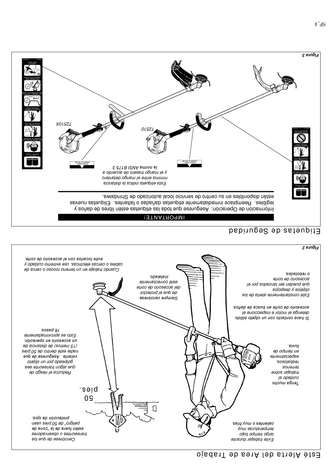 Shindaiwa T2510X, 82014 manual Seguridad de Etiquetas, Píes, Trabajo de Area del Alerta Esté, 4SP 