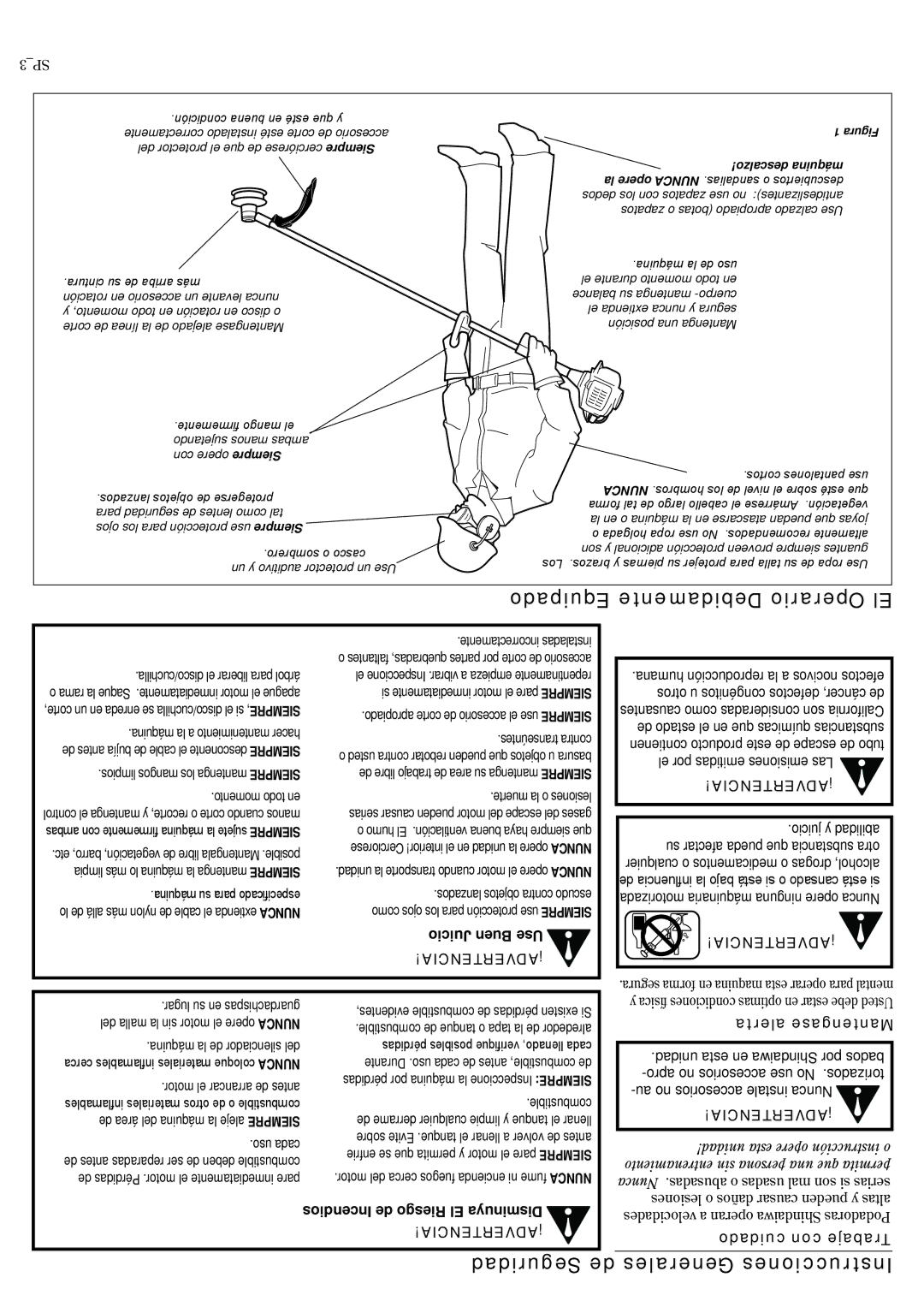 Shindaiwa 82014, T2510X manual Equipado Debidamente Operario El, Seguridad de Generales Instrucciones 