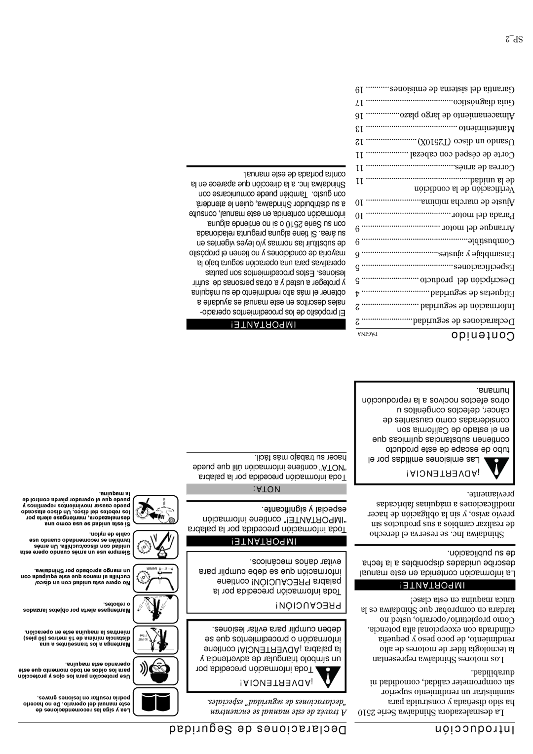 Shindaiwa T2510X, 82014 manual Contenido, Seguridad de Declaraciones Introducción, 2SP 