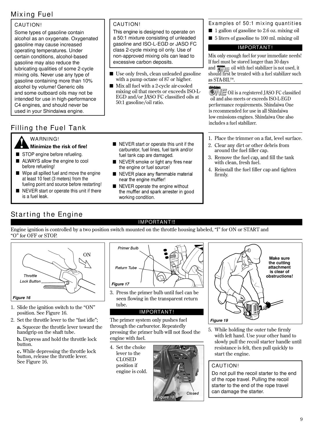 Shindaiwa T2510X, 82014 manual Mixing Fuel, Filling the Fuel Tank, Starting the Engine, Examples of 501 mixing quantities 
