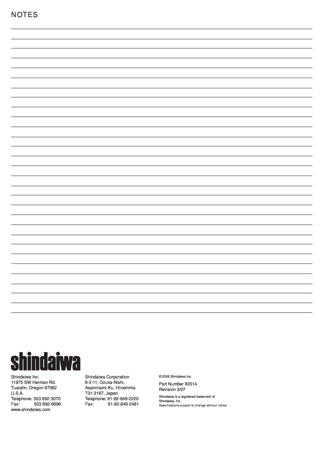 Shindaiwa 82014, T2510X manual Telephone, Shindaiwa Inc, Shindaiwa is a registered trademark of Shindaiwa, Inc 