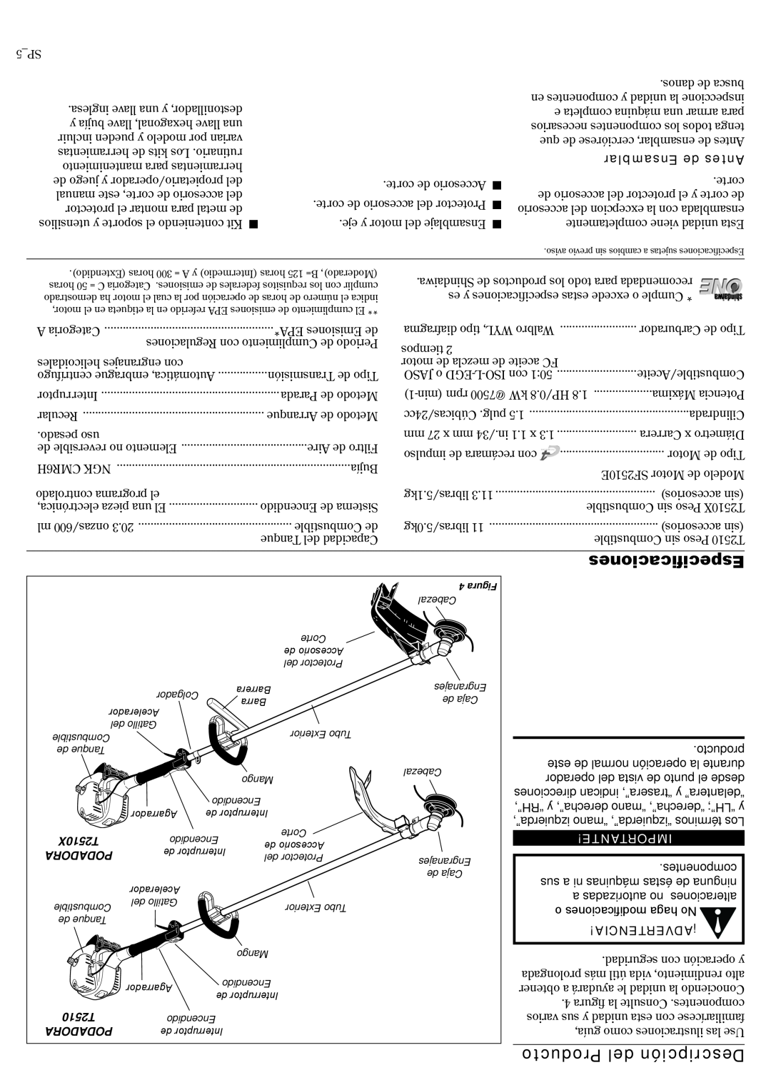 Shindaiwa 82014, T2510X manual Especificaciones, Producto del Descripción, Ensamblar de Antes, Importante, ¡Advertencia 
