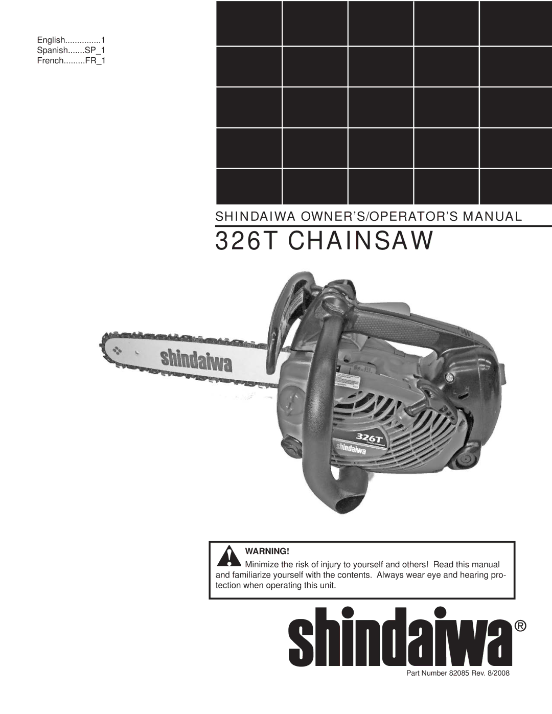 Shindaiwa 326T, 82085 manual Shindaiwa OWNER’S/OPERATOR’S Manual, FR1 