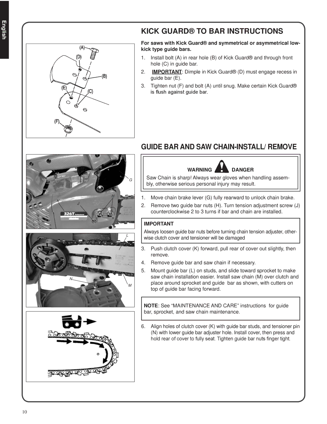 Shindaiwa 82085, 326T manual Kick guard to bar instructions, Guide bar and saw chain-install/ remove 