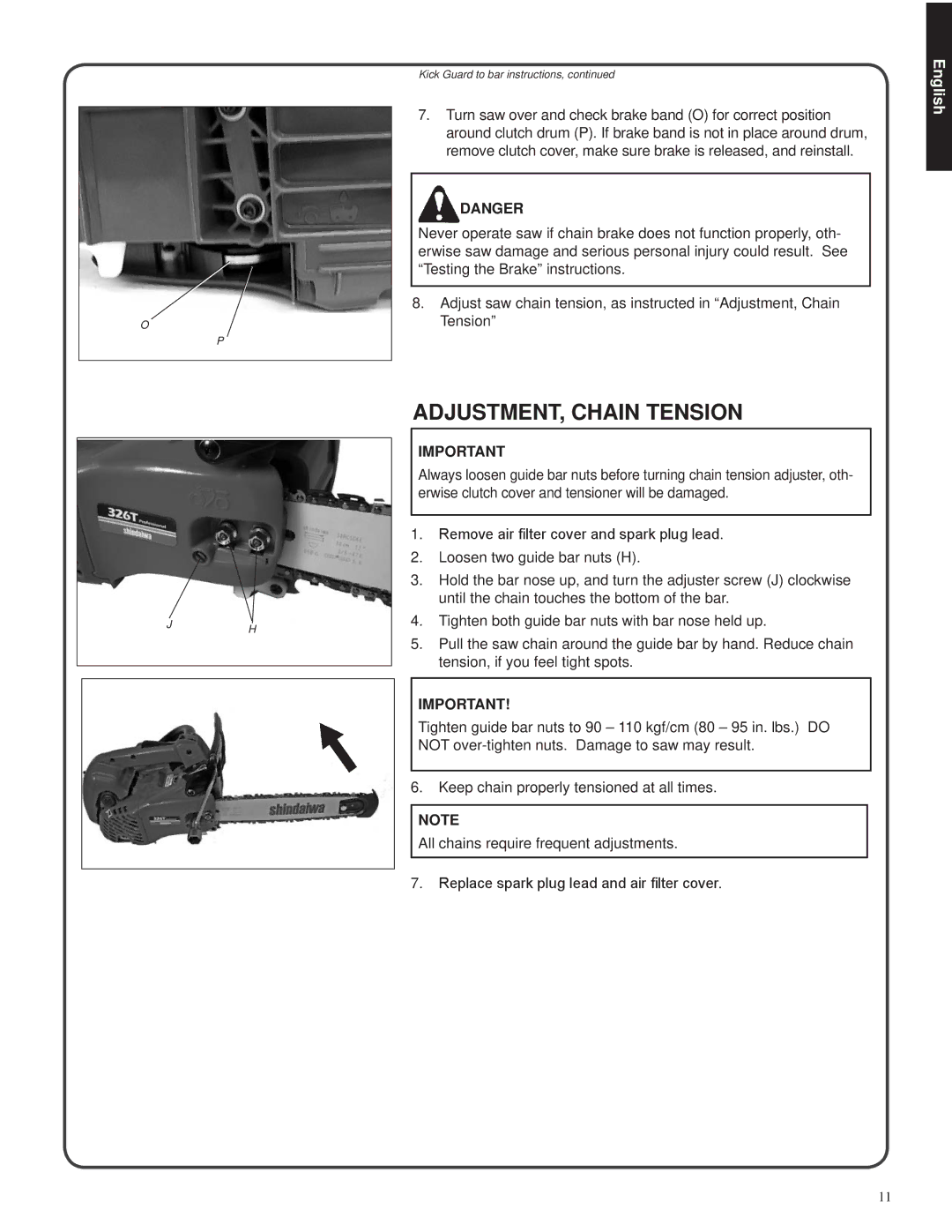 Shindaiwa 326T, 82085 manual ADJUSTMENT, Chain Tension 