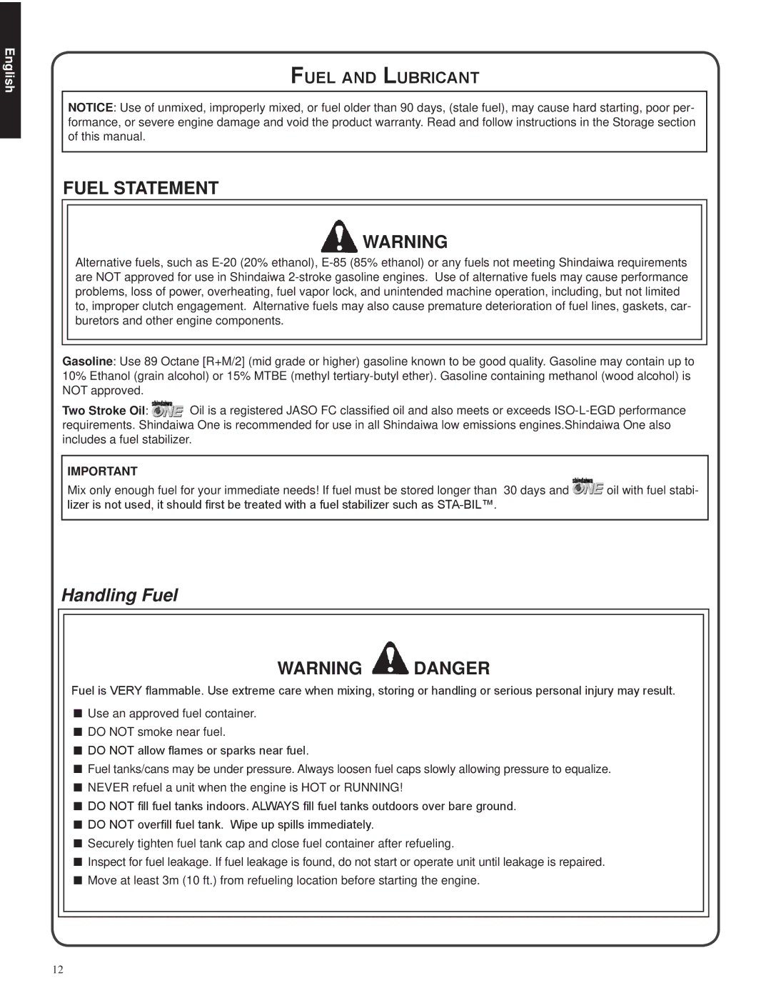 Shindaiwa 82085, 326T manual Fuel statement, Fuel and Lubricant 