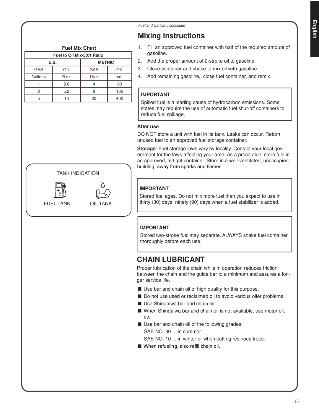 Shindaiwa 326T, 82085 manual Mixing Instructions, Chain Lubricant, Fuel Mix Chart, After use 