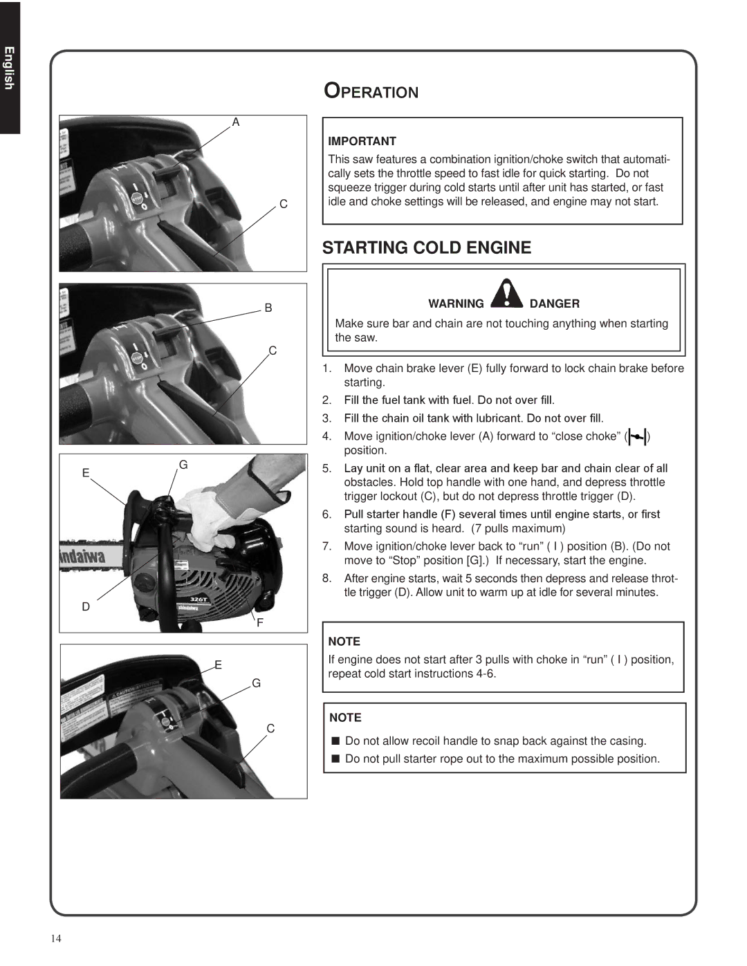 Shindaiwa 82085, 326T manual Starting Cold Engine, Operation 