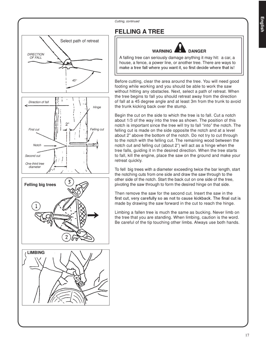 Shindaiwa 326T, 82085 manual Felling a Tree, Select path of retreat, Felling big trees, Limbing 