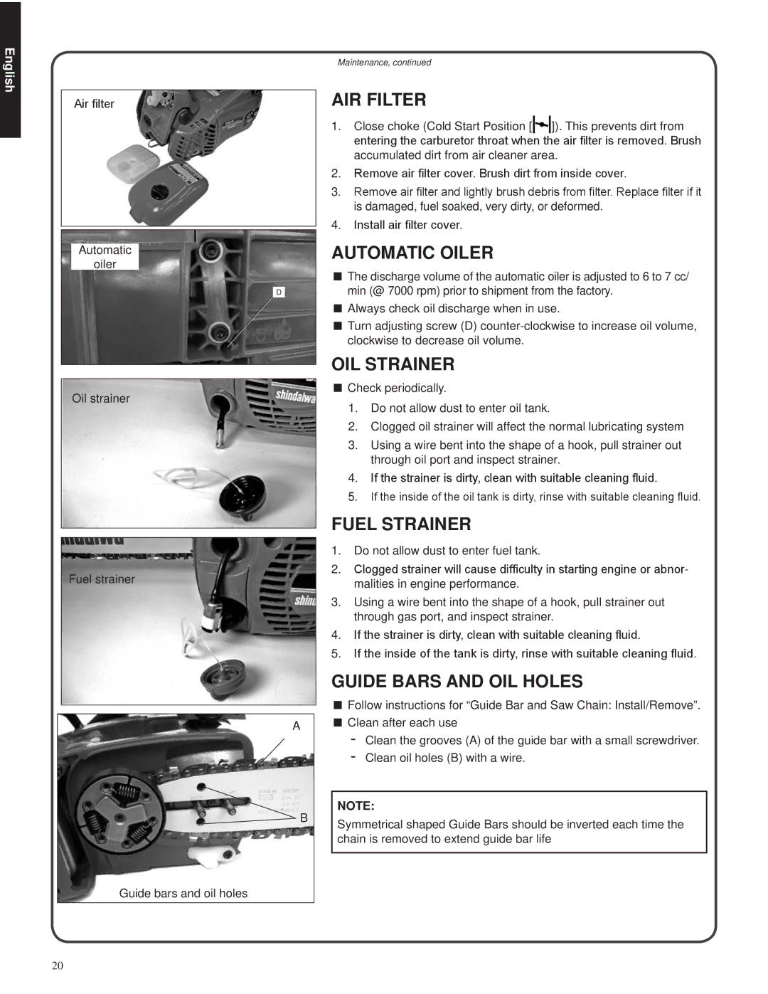 Shindaiwa 82085, 326T manual AIR Filter, Automatic Oiler, OIL Strainer, Fuel Strainer, Guide Bars and OIL Holes 