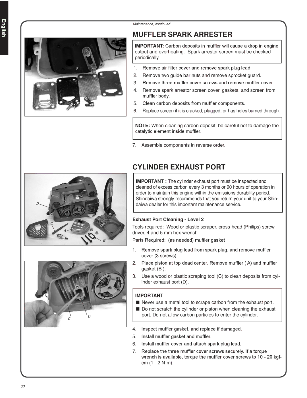 Shindaiwa 82085, 326T manual Muffler Spark Arrester, Cylinder Exhaust Port, Exhaust Port Cleaning Level 