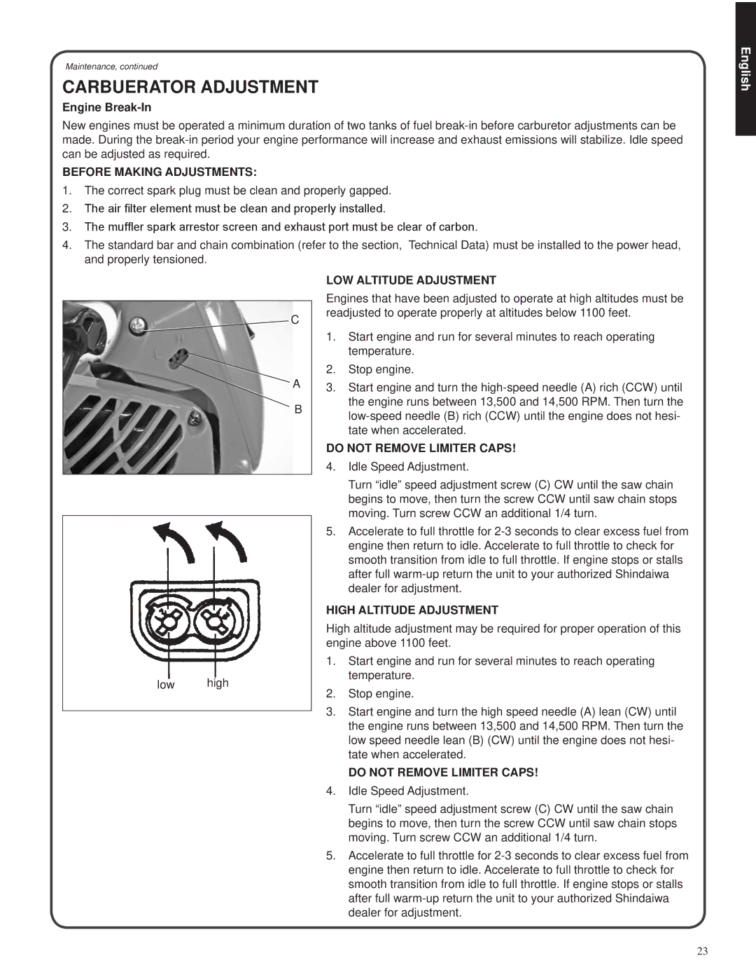 Shindaiwa 326T Carbuerator Adjustment, Before Making Adjustments, LOW Altitude Adjustment, Do not Remove Limiter Caps 