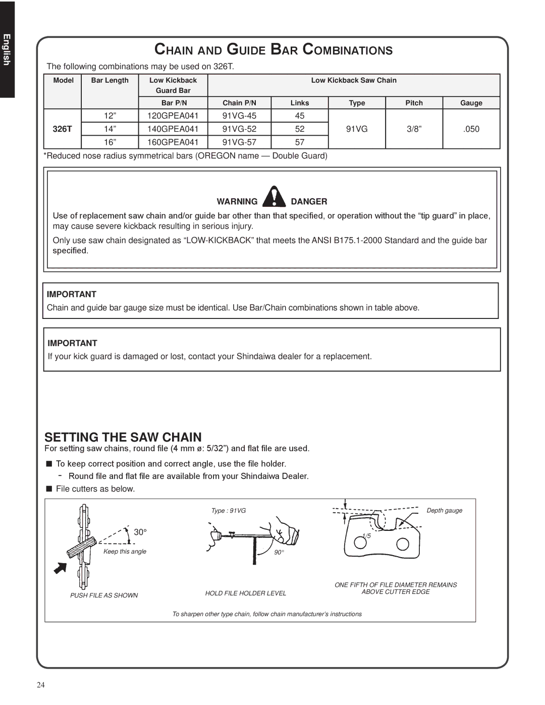 Shindaiwa 82085 manual Setting the SAW Chain, Chain and Guide Bar Combinations, Following combinations may be used on 326T 