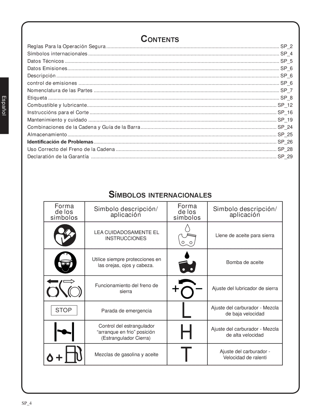 Shindaiwa 82085, 326T manual Símbolos internacionales 