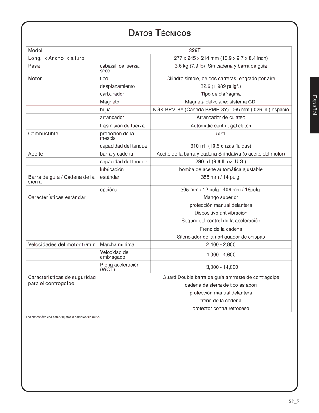 Shindaiwa 326T, 82085 manual Datos Técnicos 