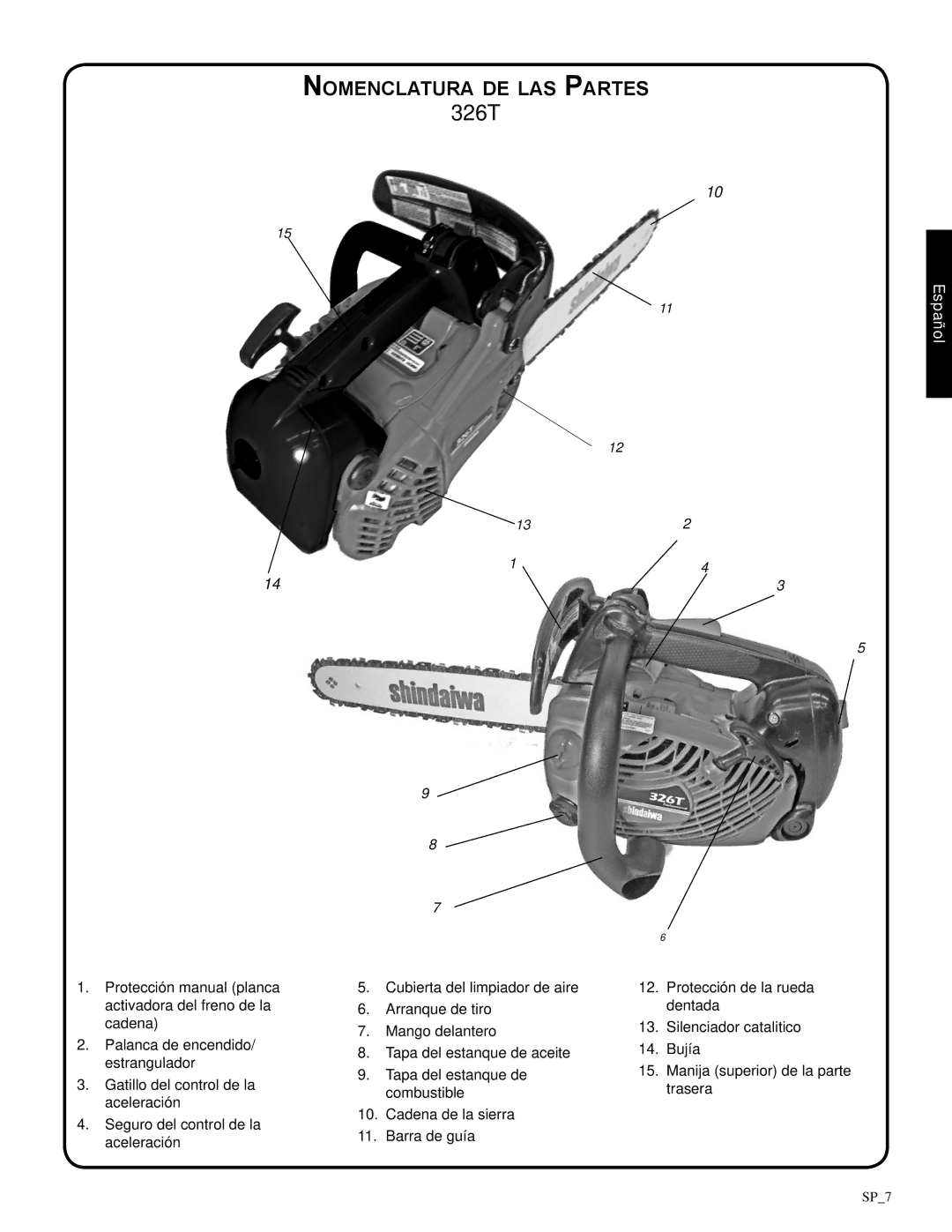 Shindaiwa 326T, 82085 manual Nomenclatura de las Partes 