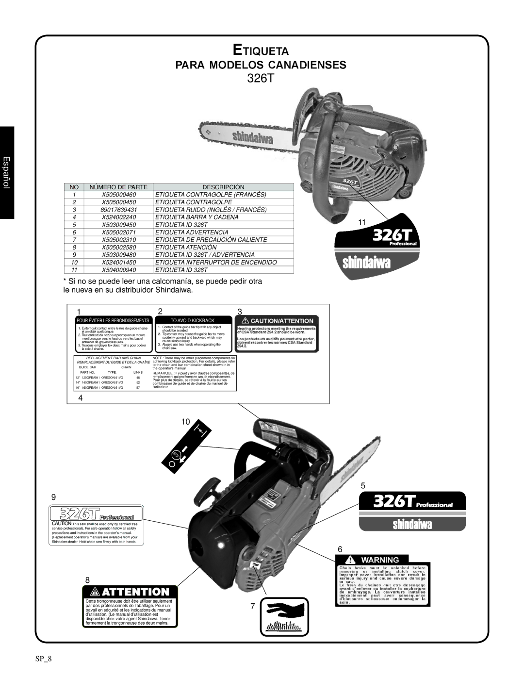 Shindaiwa 82085, 326T manual Etiqueta Para modelos canadienses, Descripción 