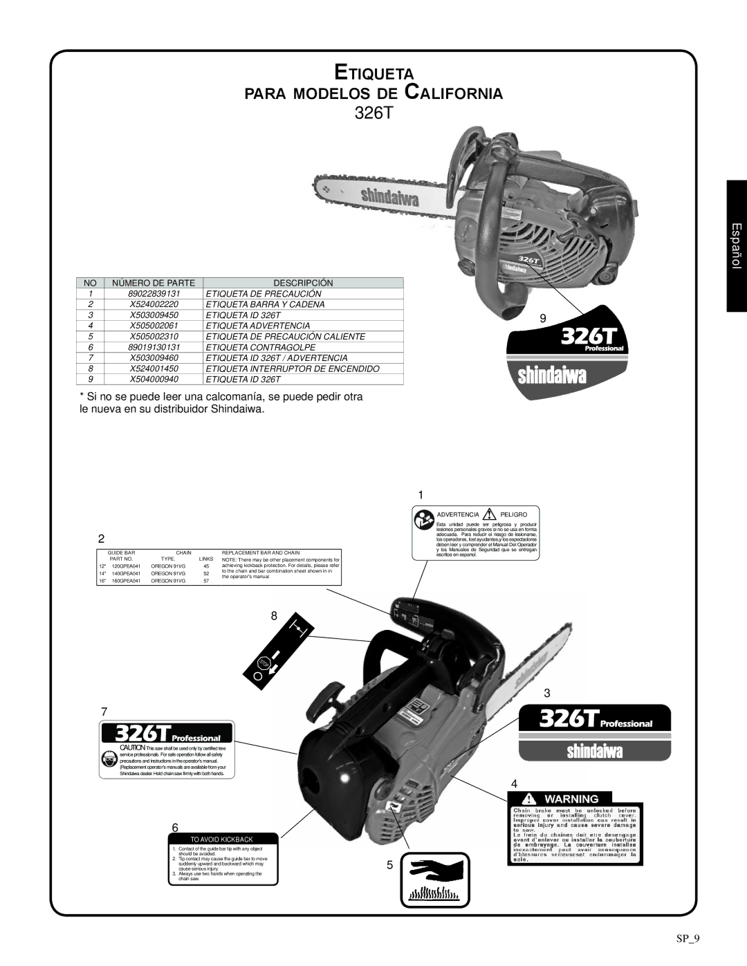 Shindaiwa 326T, 82085 manual Etiqueta Para modelos de California, No Número de parte 