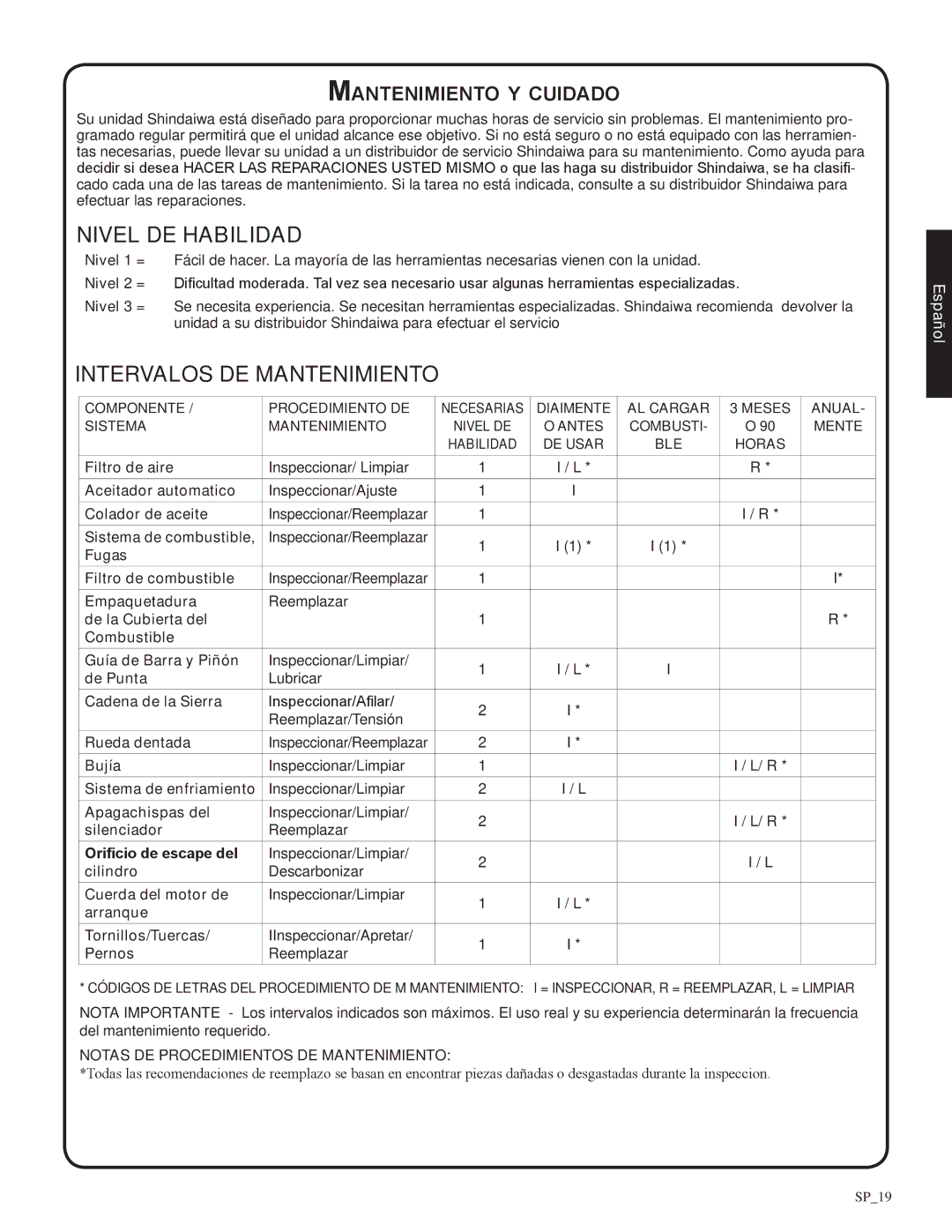 Shindaiwa 326T, 82085 manual Nivel de habilidad, Intervalos de mantenimiento, Mantenimiento y cuidado 