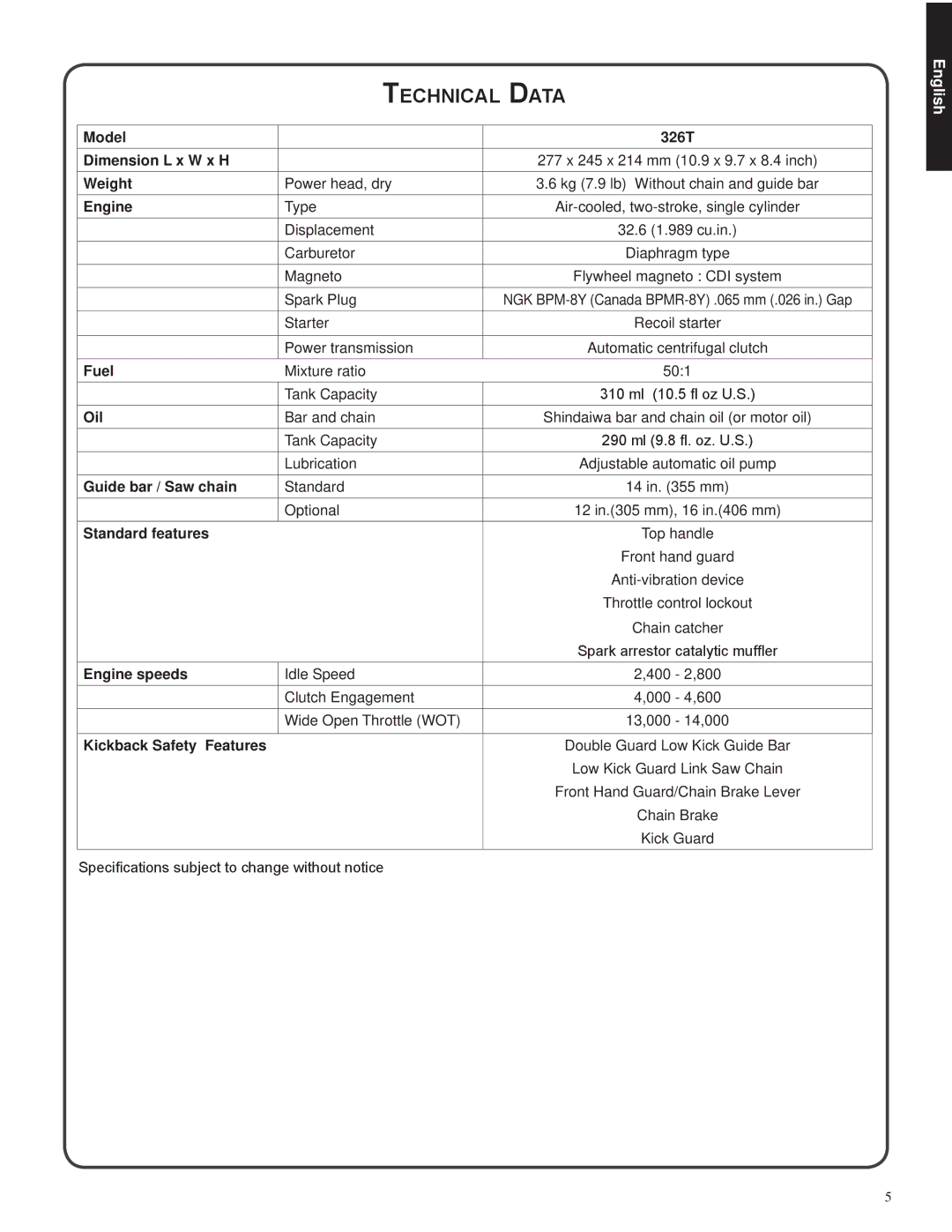 Shindaiwa 326T, 82085 manual Technical Data 