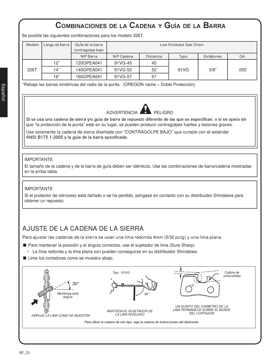 Shindaiwa 82085, 326T manual Ajuste de la Cadena de la Sierra, Combinaciones de la Cadena y Guía de la Barra 