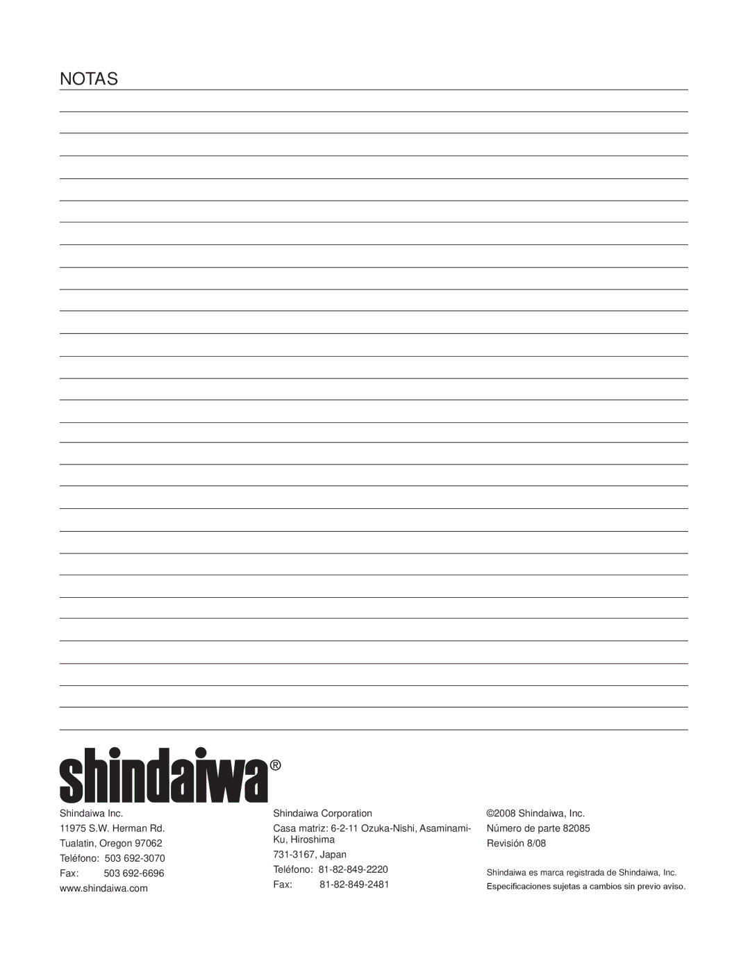 Shindaiwa 82085, 326T manual NotAs 