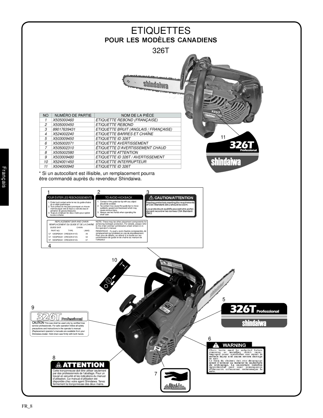 Shindaiwa 82085, 326T manual Etiquettes, Pour les modèles canadiens 