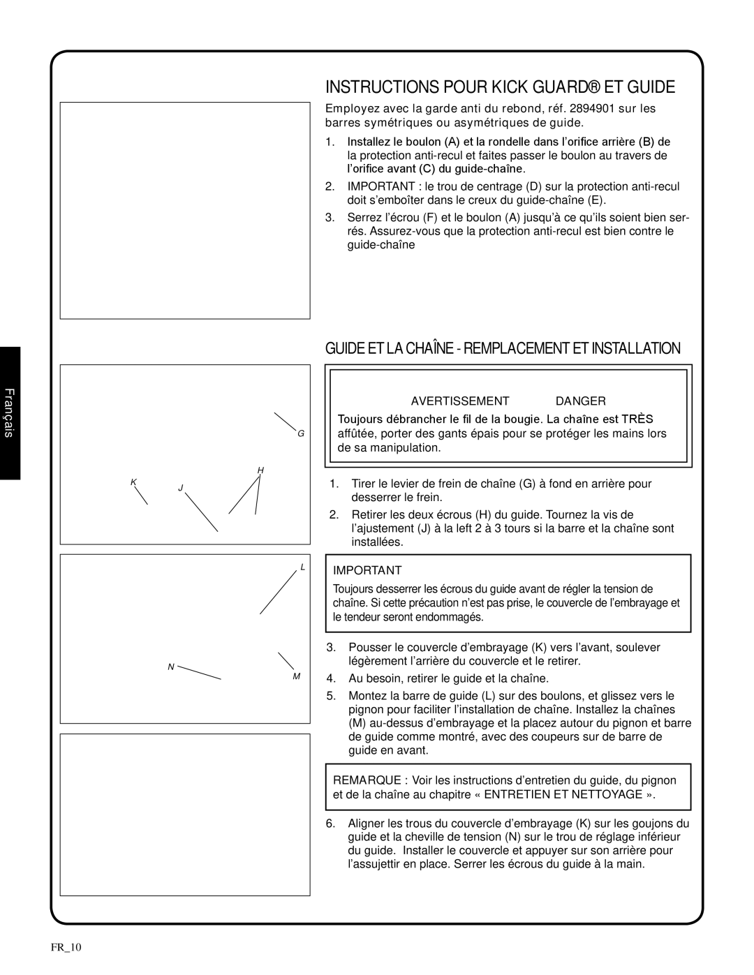 Shindaiwa 82085, 326T manual Instructions pour kick guard et guide, Guide et lachaîne remplacement et installation 