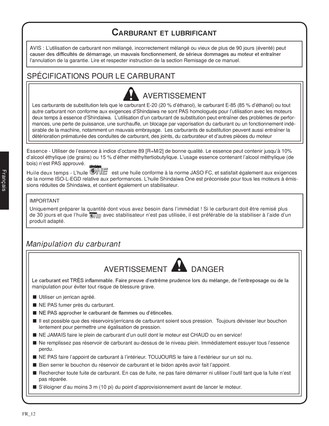 Shindaiwa 82085, 326T manual Spécifications pour le carburant, Avertissement, Carburant et lubrificant 