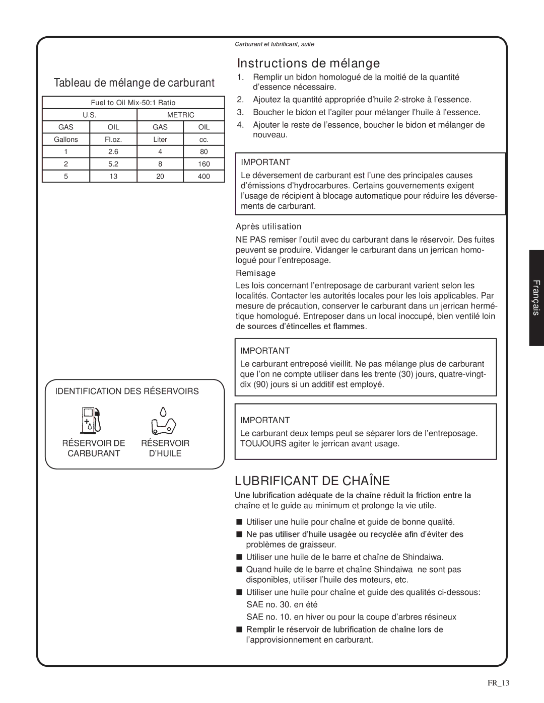 Shindaiwa 326T, 82085 Instructions de mélange, Lubrificant de chaîne, Tableau de mélange de carburant, Après utilisation 