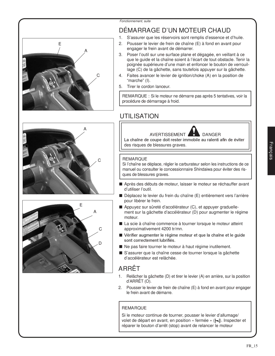 Shindaiwa 326T, 82085 manual Démarrage d’un moteur chaud, Utilisation, Arrêt 