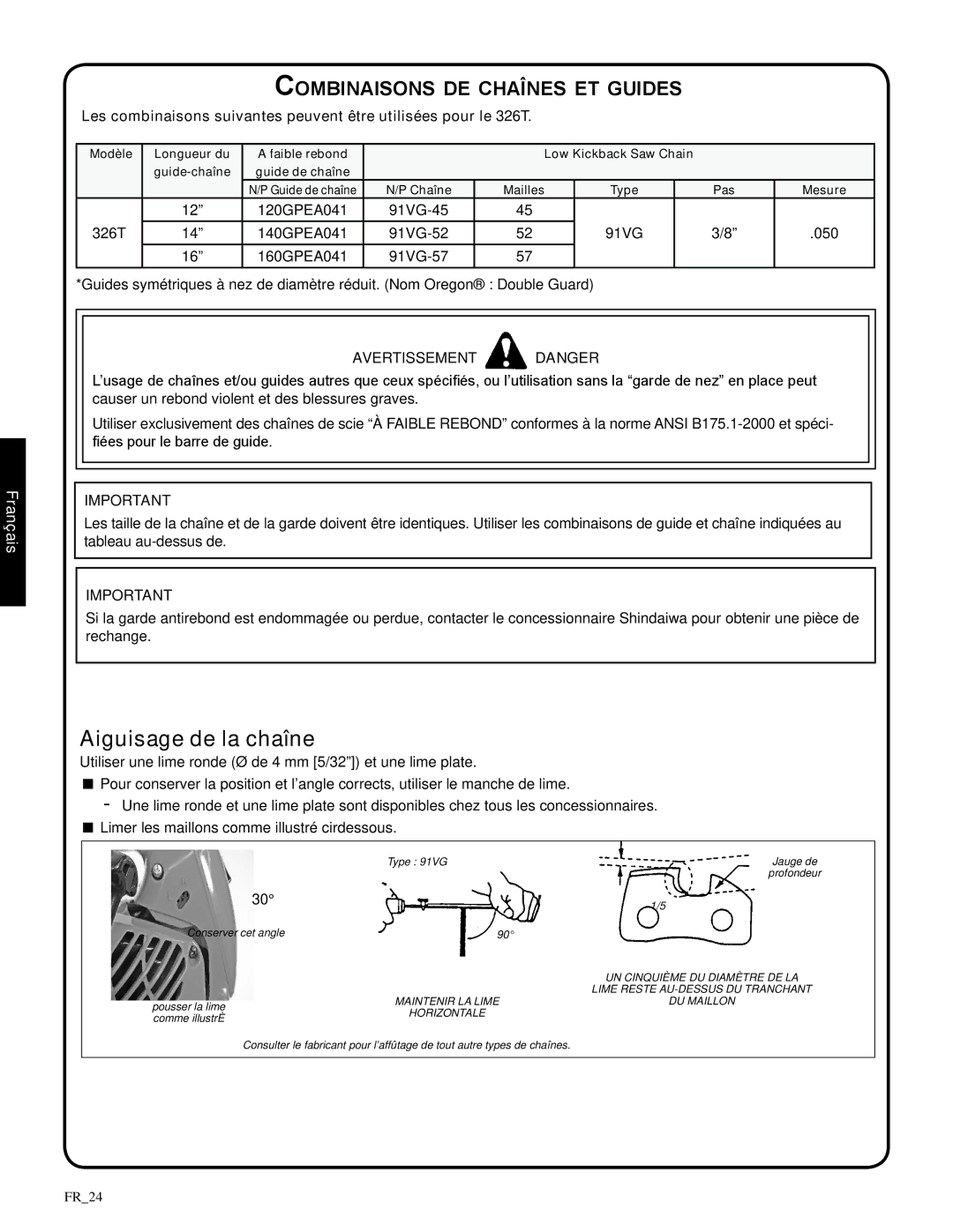 Shindaiwa 82085, 326T manual Aiguisage de la chaîne, Combinaisons de chaînes et guides 