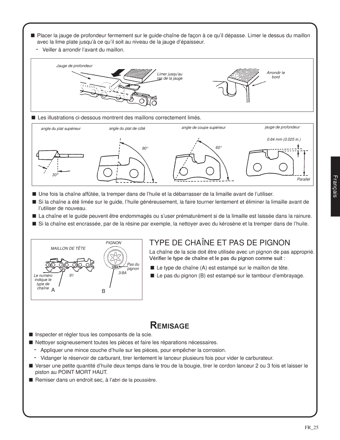 Shindaiwa 326T, 82085 manual Type DE Chaîne ET PAS DE Pignon, Remisage 