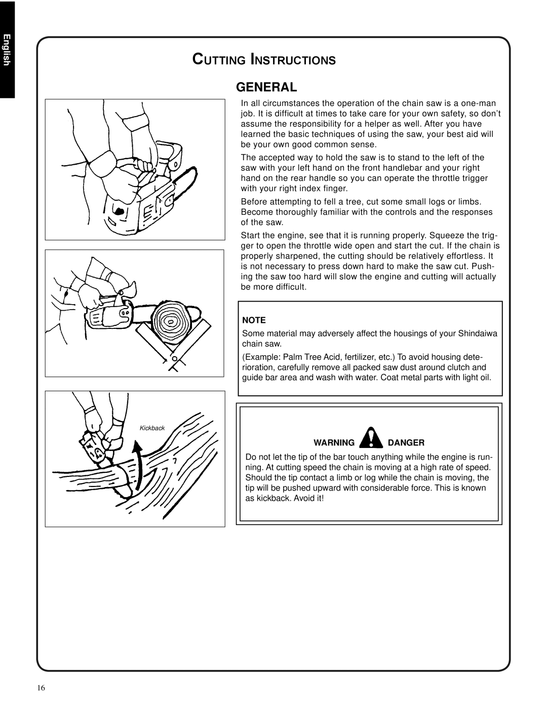 Shindaiwa 82085, 326T manual General, Cutting Instructions, English, Warning Danger 