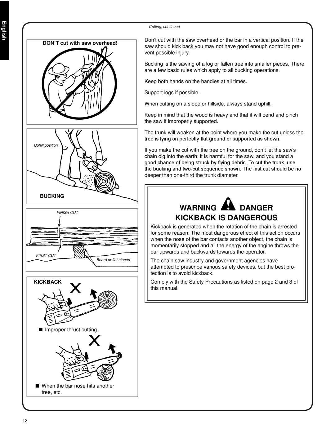 Shindaiwa 82085, 326T manual Warning Danger Kickback Is Dangerous, DON’T cut with saw overhead, Bucking, English 
