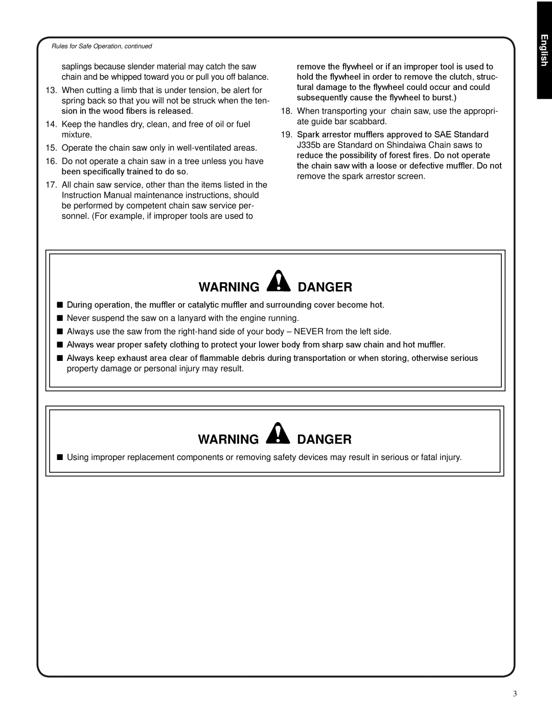 Shindaiwa 326T, 82085 manual Warning Danger, English, Rules for Safe Operation, continued 