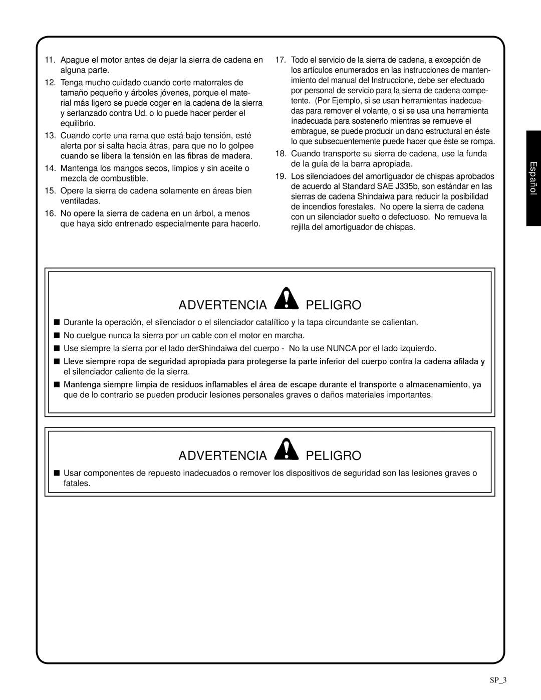 Shindaiwa 326T, 82085 manual Advertencia Peligro, Español, SP_3 