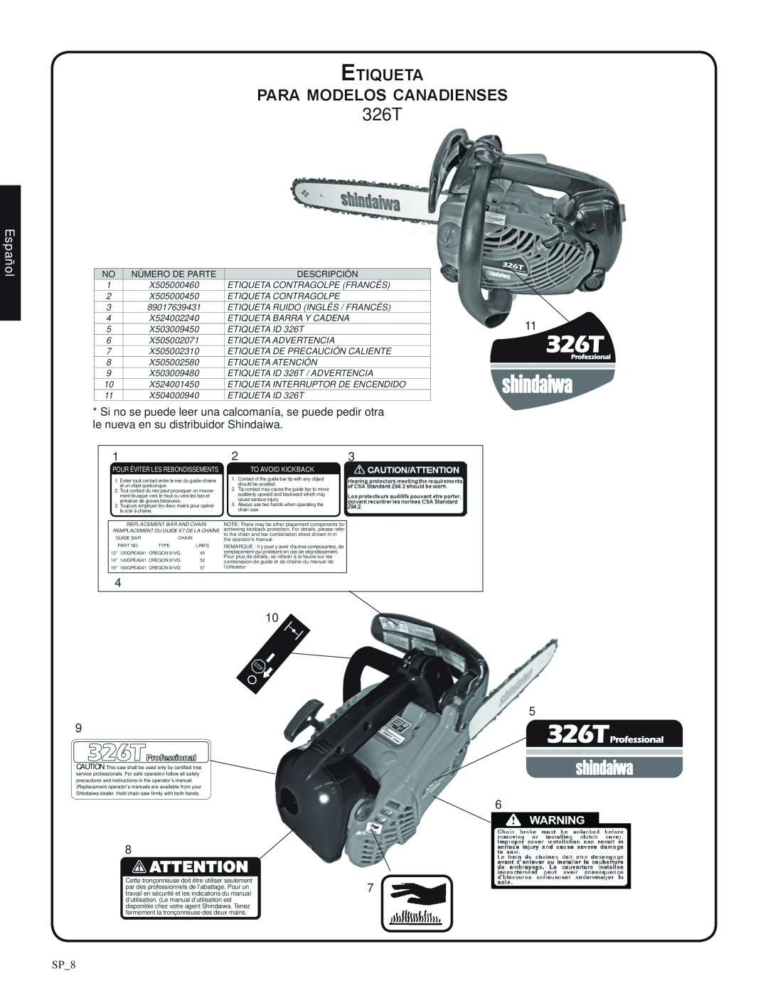 Shindaiwa 82085 manual Etiqueta para modelos canadienses, 326T, Español, SP_8, Número de parte, Descripción 
