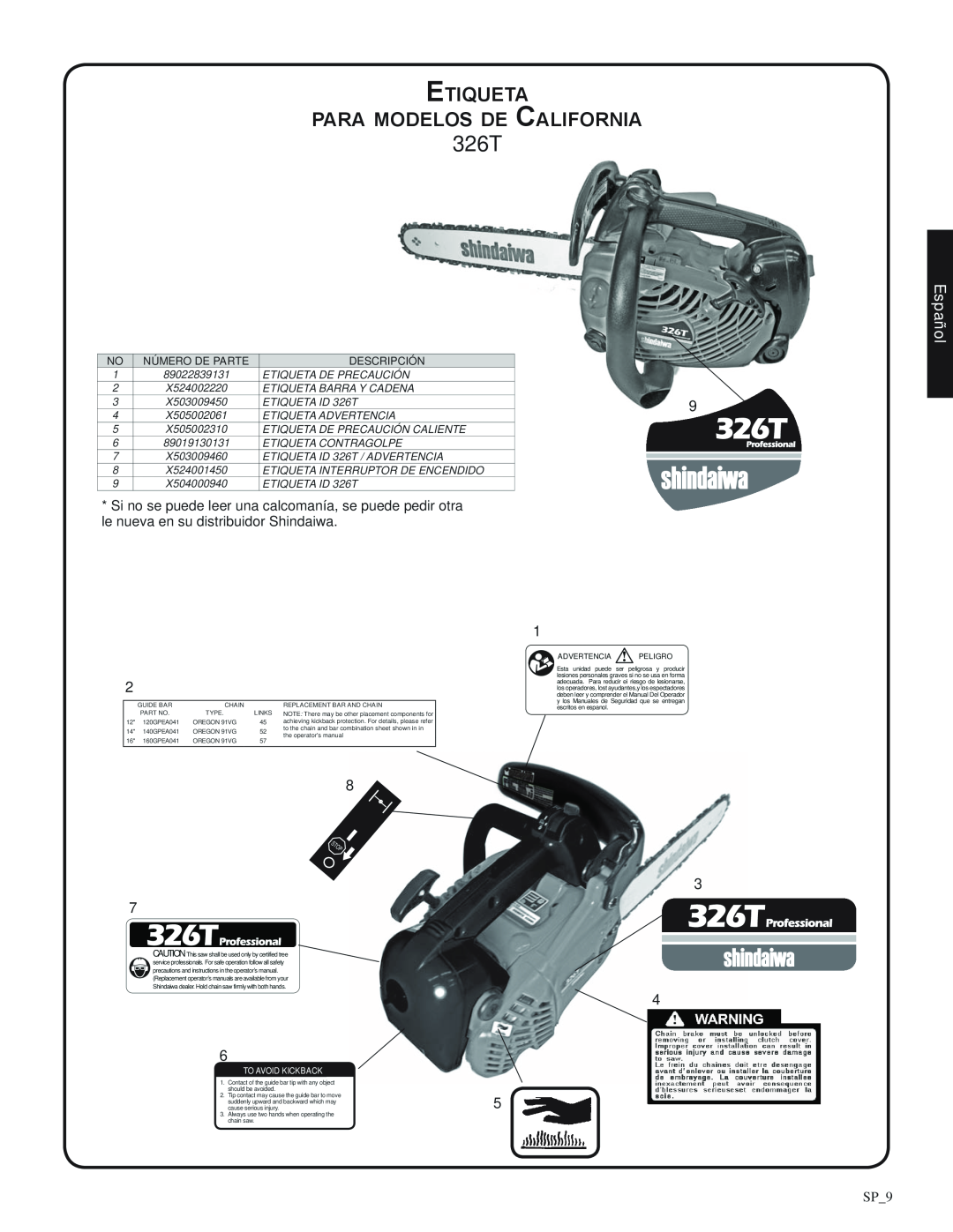 Shindaiwa 326T, 82085 manual Etiqueta para modelos de California, Español, SP_9, NO Número de parte 
