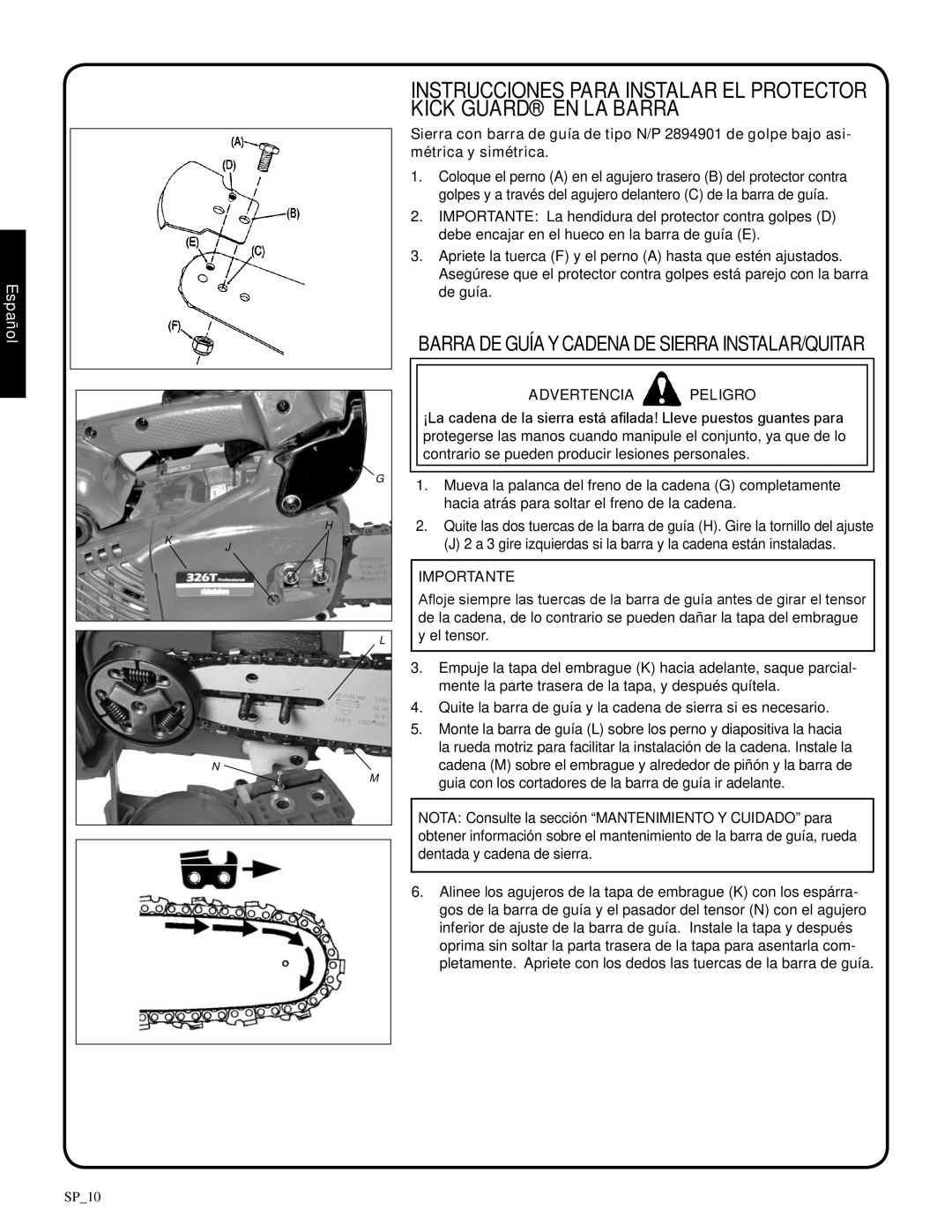 Shindaiwa 82085, 326T manual barra de guíay cadena de sierra instalar/quitar, Advertencia Peligro, Importante, Español 