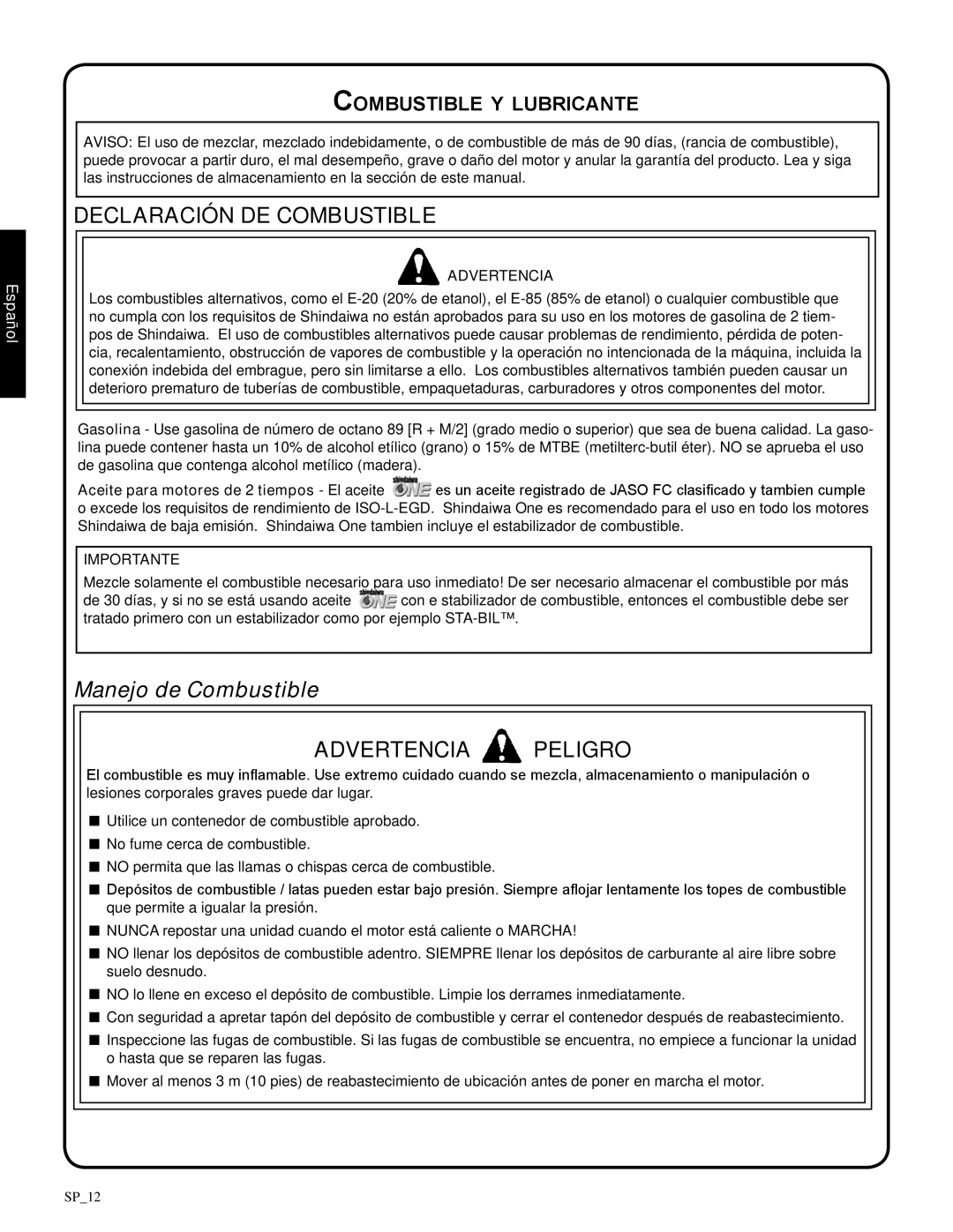 Shindaiwa 82085 Declaración de combustible, Manejo de Combustible, Combustible y lubricante, Advertencia Peligro, Español 