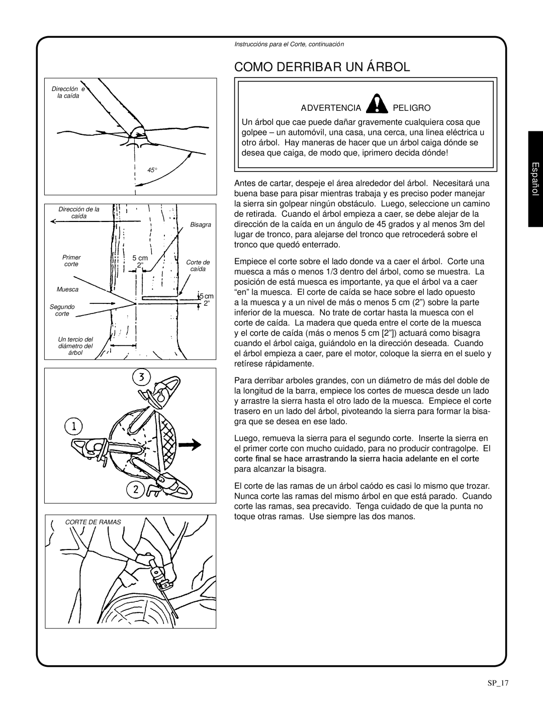 Shindaiwa 326T, 82085 manual Como Derribar Un Árbol, Advertencia Peligro, Español, SP_17 