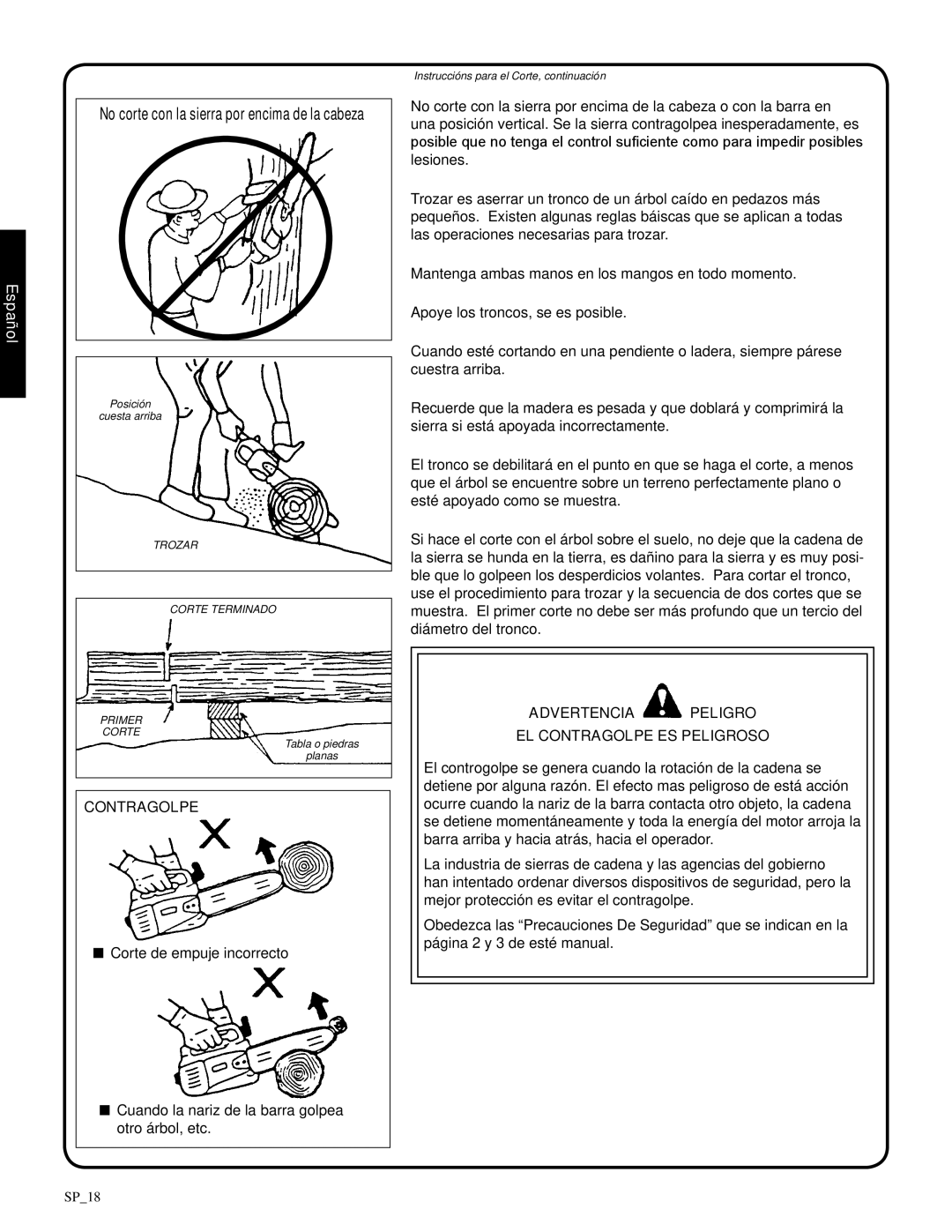 Shindaiwa 82085, 326T manual Advertencia Peligro El Contragolpe Es Peligroso, Español 
