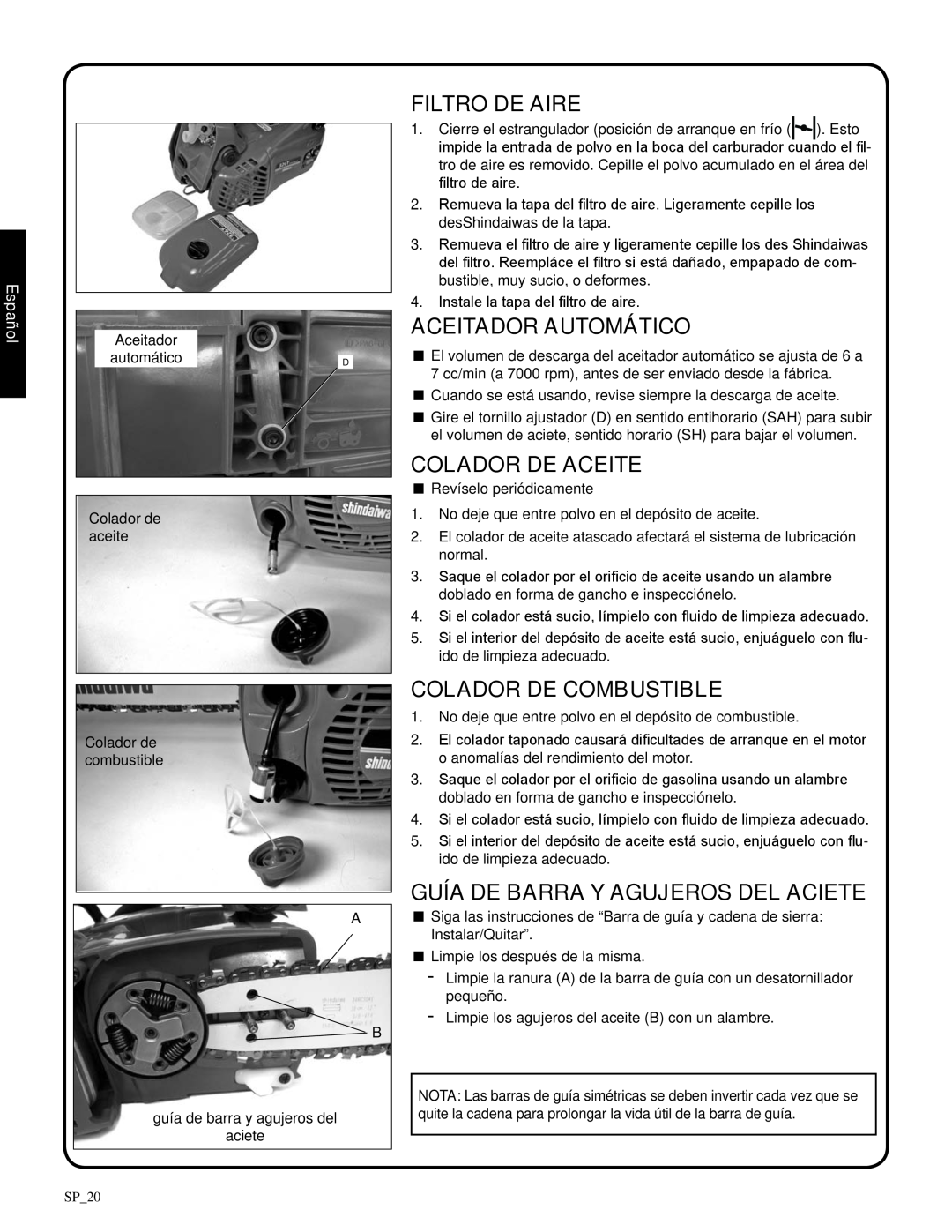 Shindaiwa 82085, 326T manual Filtro de aire, aceitador automático, Colador de aceite, Colador de combustible, Español 
