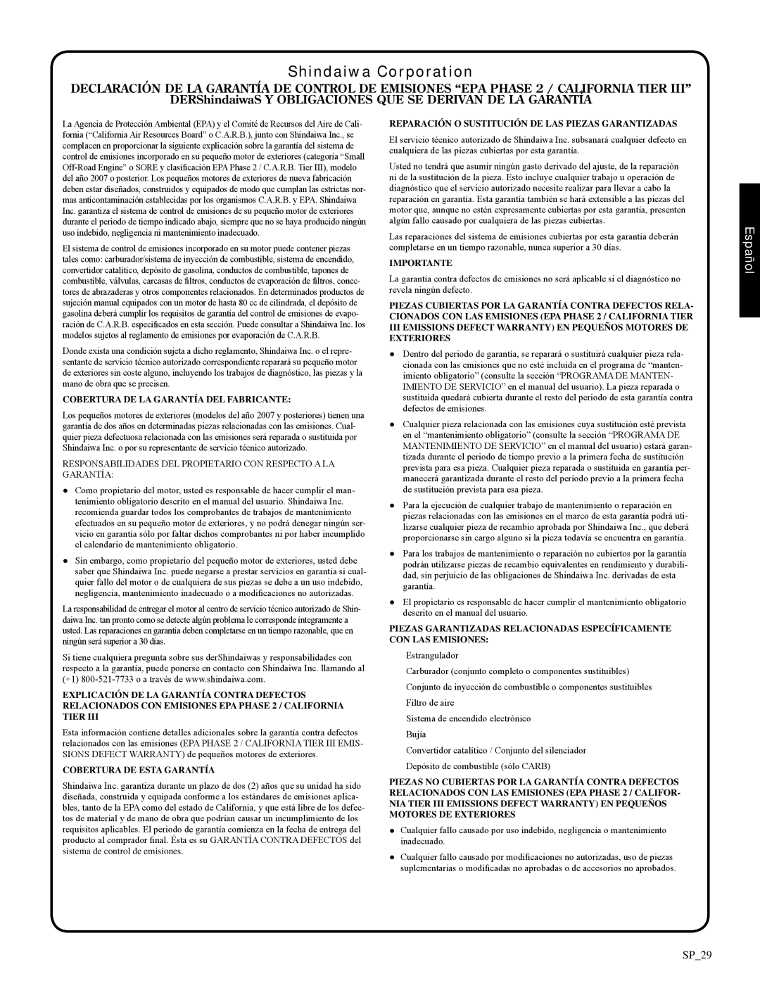 Shindaiwa 326T, 82085 manual Declaratión de la Garantía, Shindaiwa Corporation, Español 