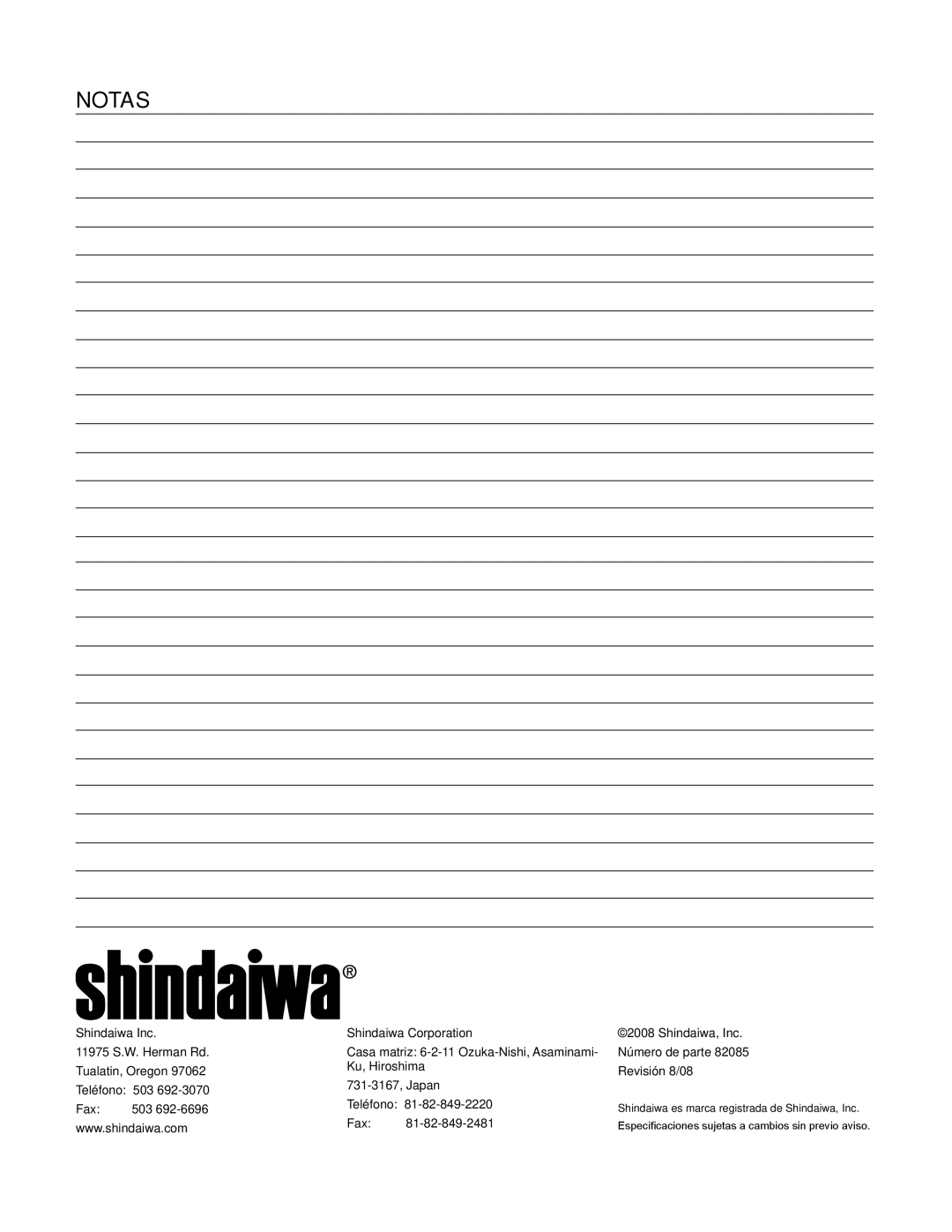 Shindaiwa 82085, 326T manual notAs, Shindaiwa Inc, Shindaiwa Corporation, 731-3167,Japan Teléfono Fax 