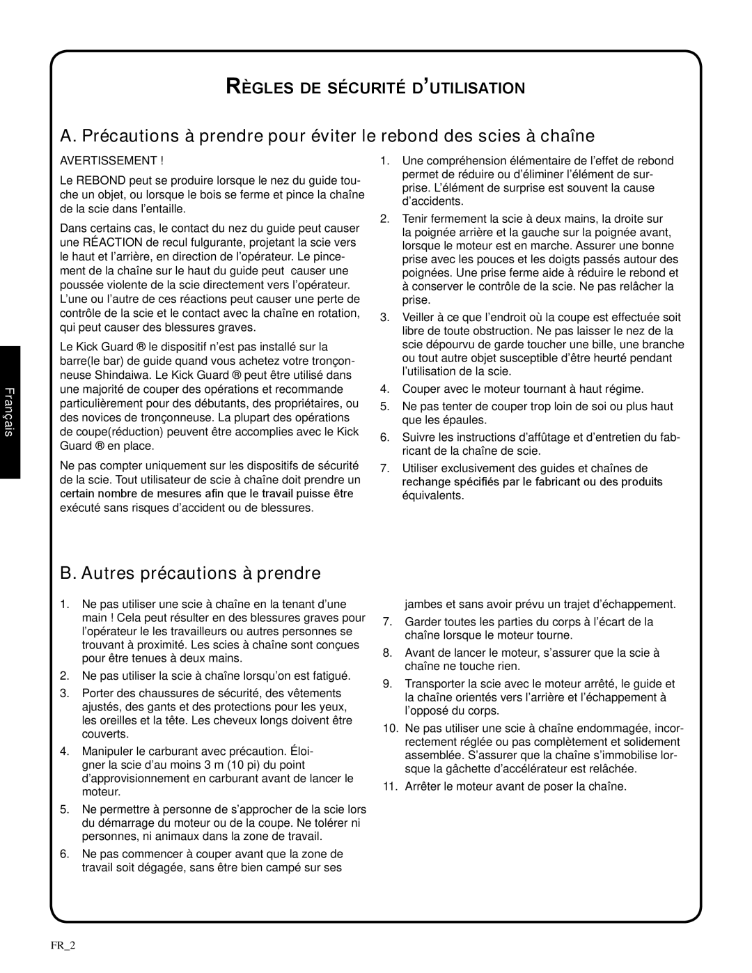 Shindaiwa 82085, 326T manual B. Autres précautions à prendre, Règles de sécurité d’utilisation, Français 